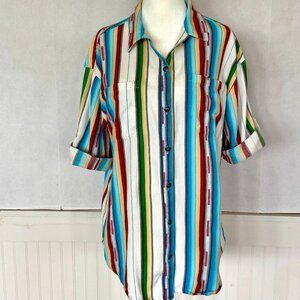 Tasha Pollizi Rodeo Western Striped Cotton Button Down Blouse Sz M